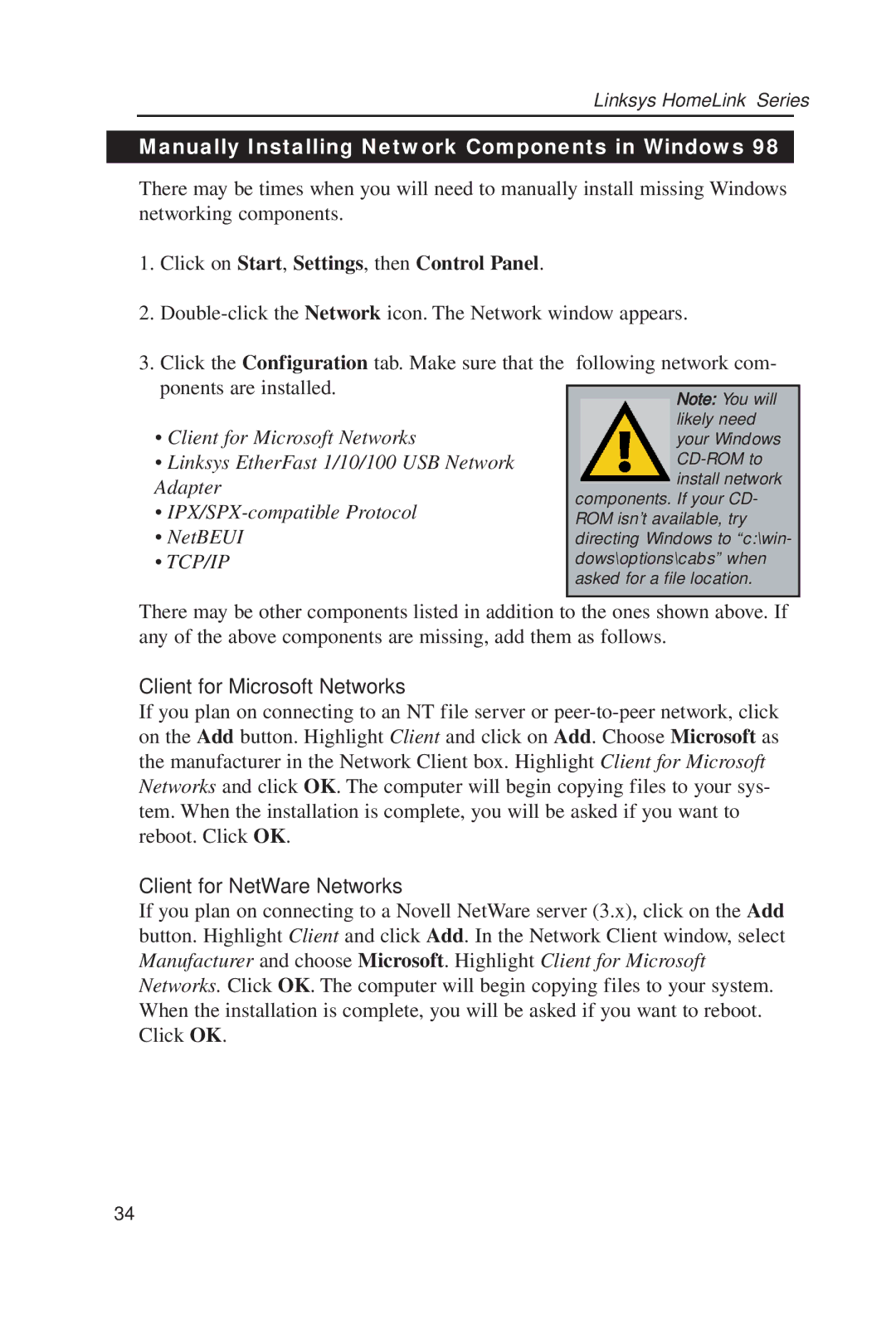 Linksys USB100H1 manual Manually Installing Network Components in Windows, Client for Microsoft Networks 