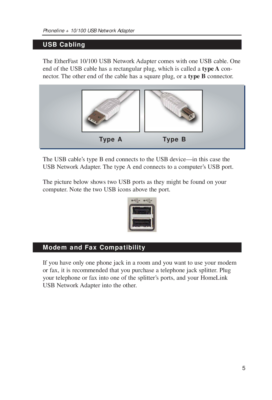 Linksys USB100H1 manual USB Cabling, Modem and Fax Compatibility 