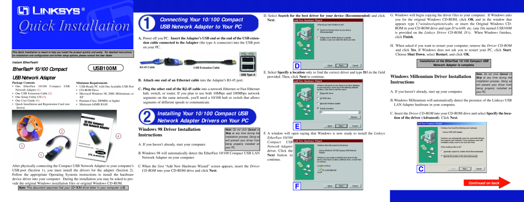 Linksys USB100M installation instructions Windows Millennium Driver Installation Instructions, EtherFast 10/100 Compact 