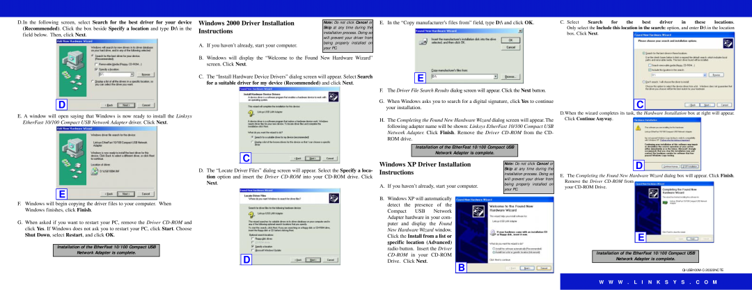 Linksys USB100M Windows 2000 Driver Installation Instructions, Windows XP Driver Installation Instructions 