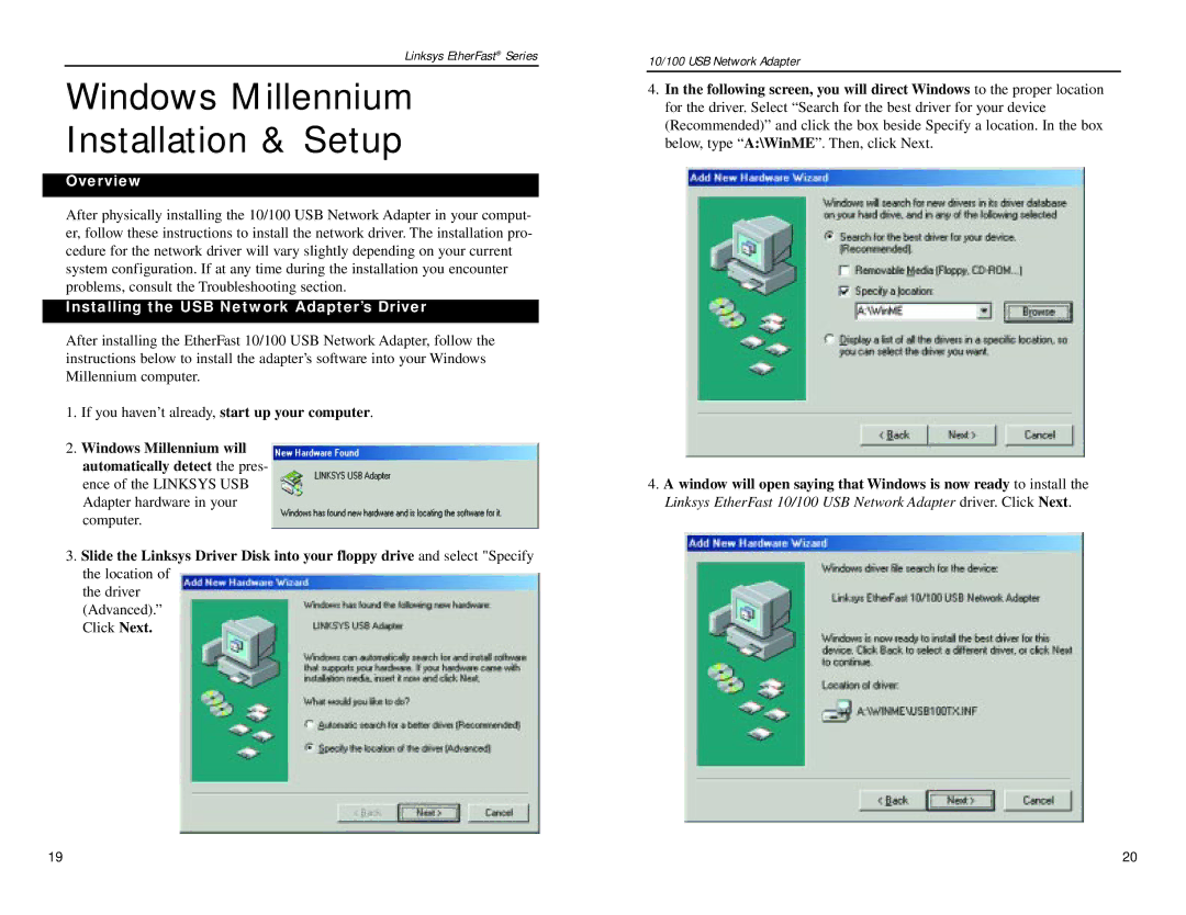 Linksys USB100TX manual Windows Millennium Installation & Setup 