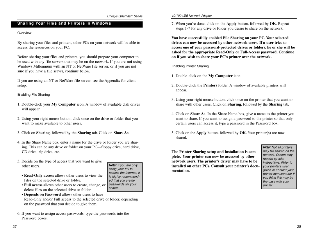Linksys USB100TX manual Sharing Your Files and Printers in Windows 