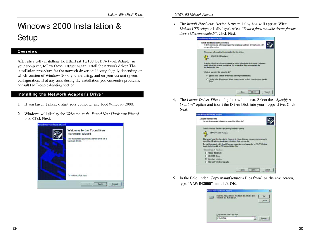 Linksys USB100TX manual Windows 2000 Installation & Setup, Installing the Network Adapter’s Driver 