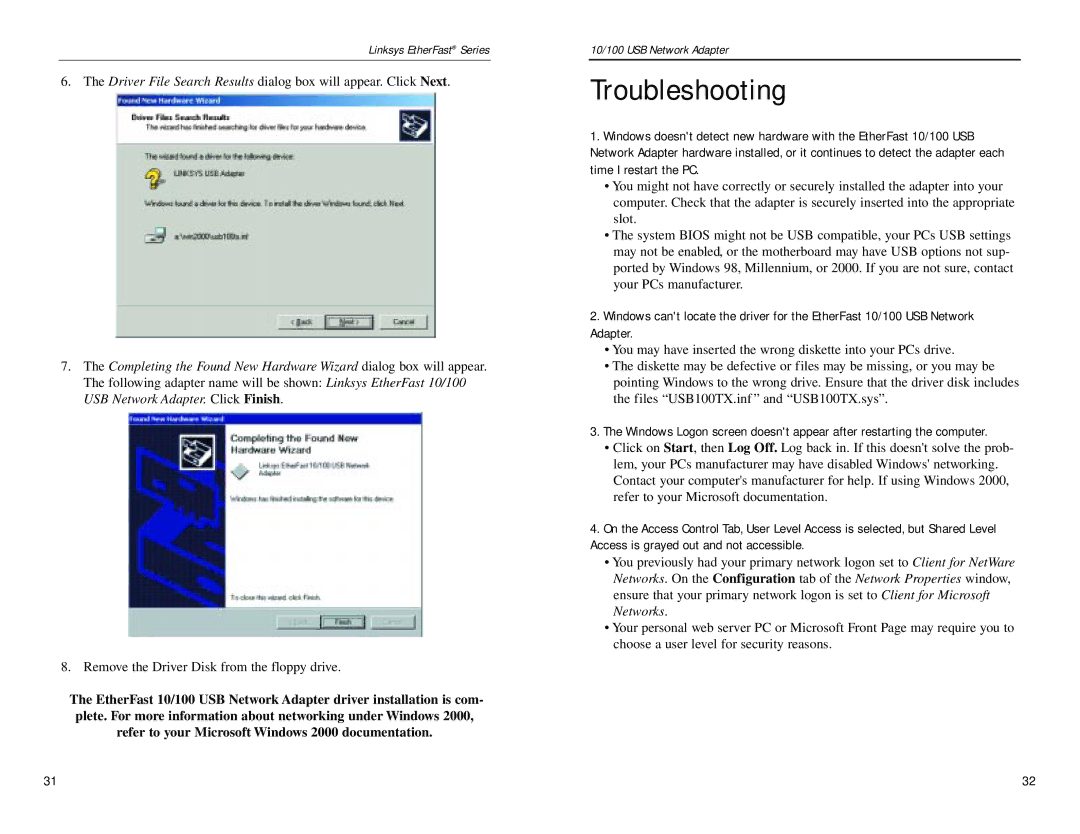 Linksys USB100TX manual Troubleshooting 