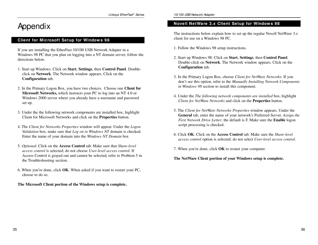 Linksys USB100TX manual Appendix, Client for Microsoft Setup for Windows, Novell NetWare 3.x Client Setup for Windows 