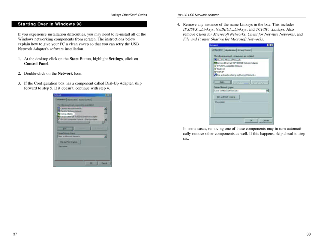 Linksys USB100TX manual Starting Over in Windows 