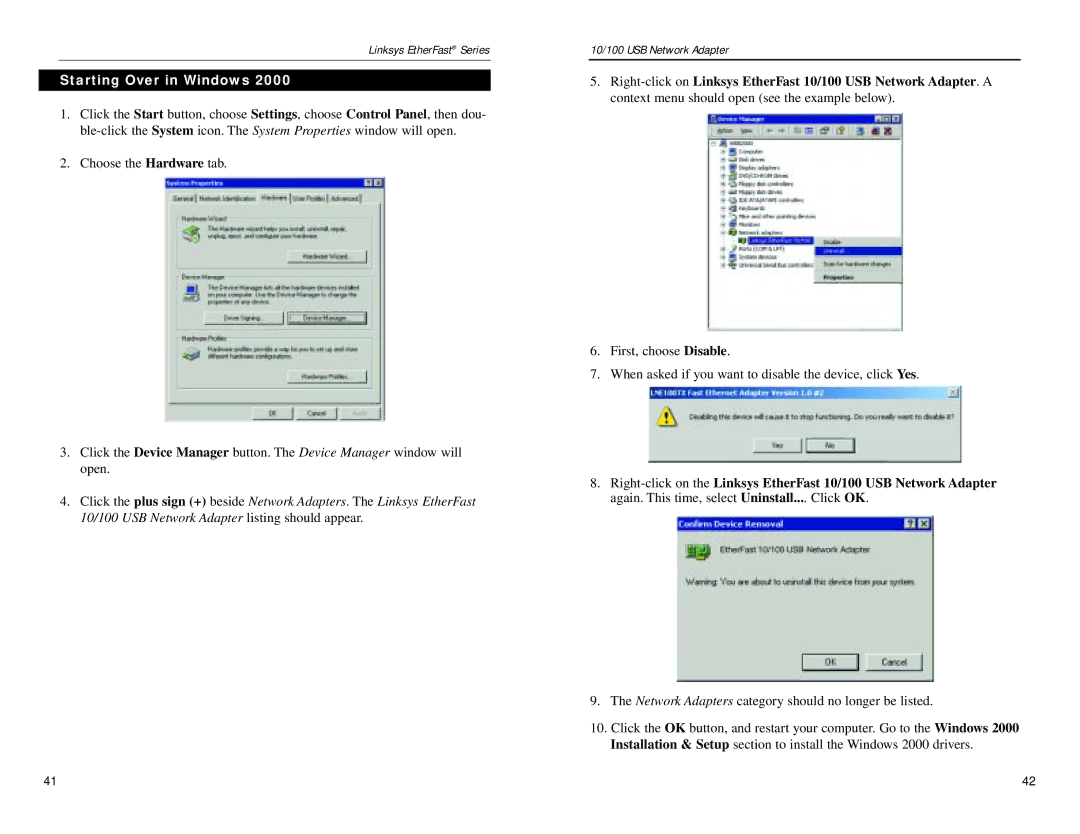 Linksys USB100TX manual Starting Over in Windows 