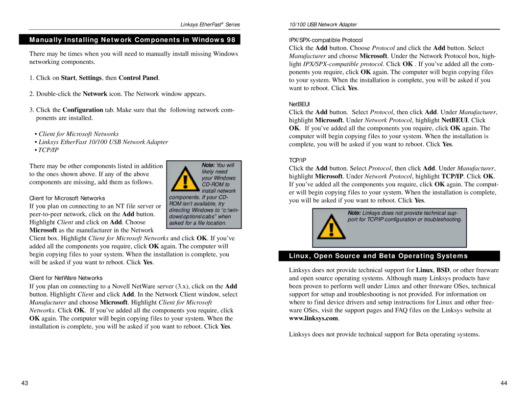 Linksys USB100TX manual Manually Installing Network Components in Windows, Linux, Open Source and Beta Operating Systems 