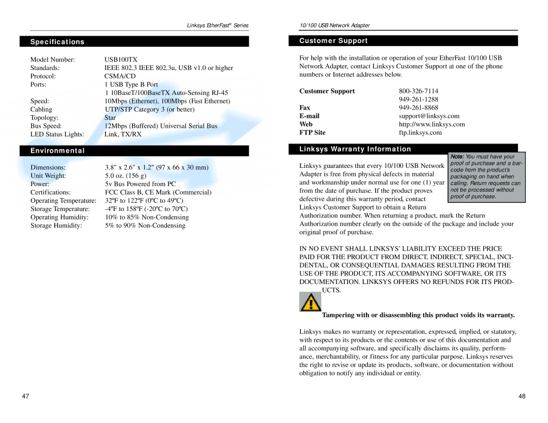 Linksys USB100TX manual Specifications, Environmental, Customer Support, Linksys Warranty Information 