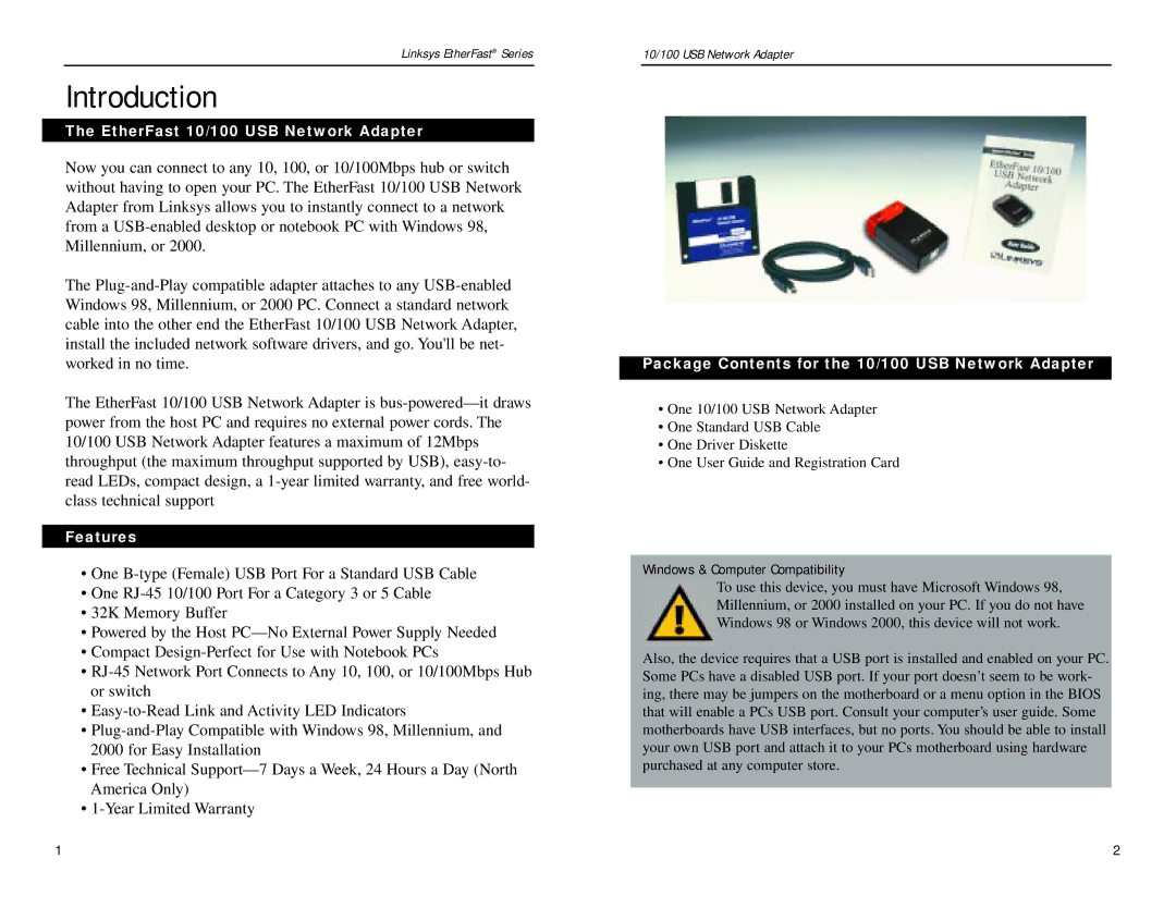 Linksys USB100TX manual Introduction, EtherFast 10/100 USB Network Adapter, Features, Windows & Computer Compatibility 