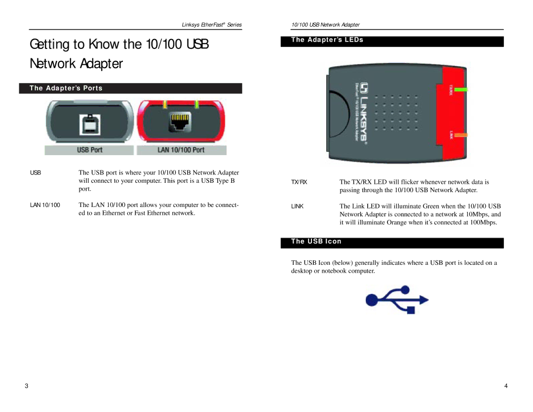 Linksys USB100TX manual Adapter’s Ports, LAN 10/100, Adapter’s LEDs, USB Icon 