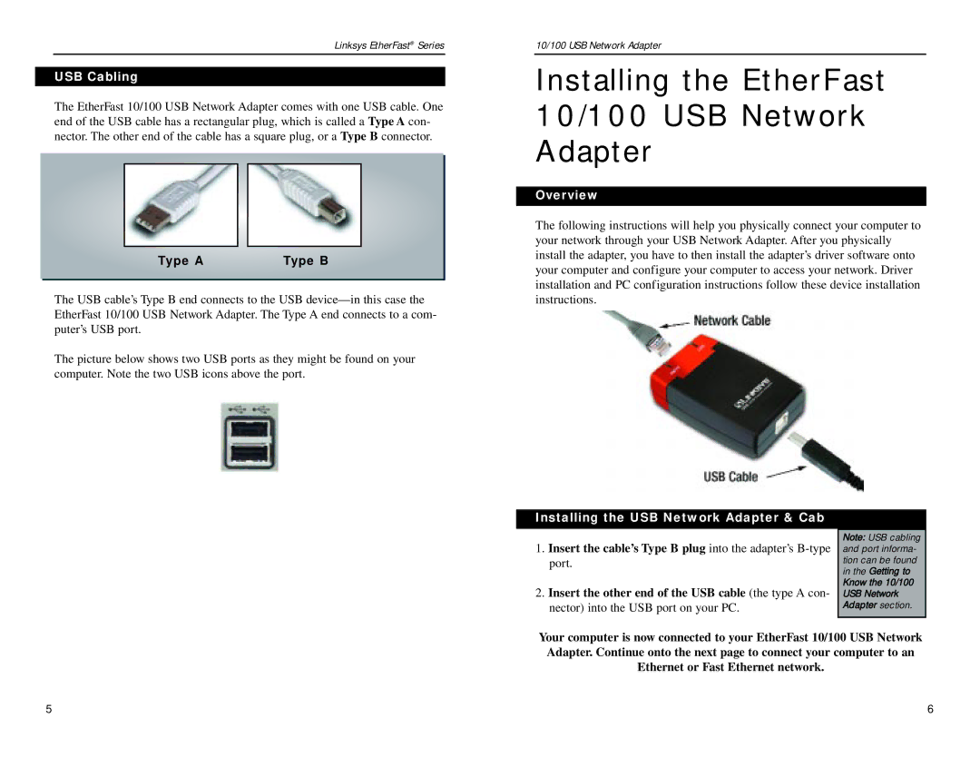 Linksys USB100TX manual USB Cabling, Overview, Installing the USB Network Adapter & Cab 