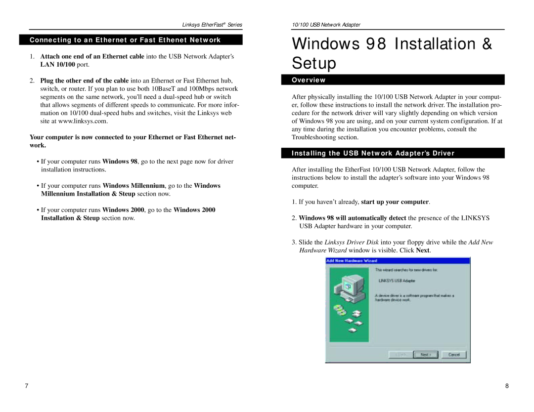 Linksys USB100TX manual Connecting to an Ethernet or Fast Ethenet Network, Installing the USB Network Adapter’s Driver 