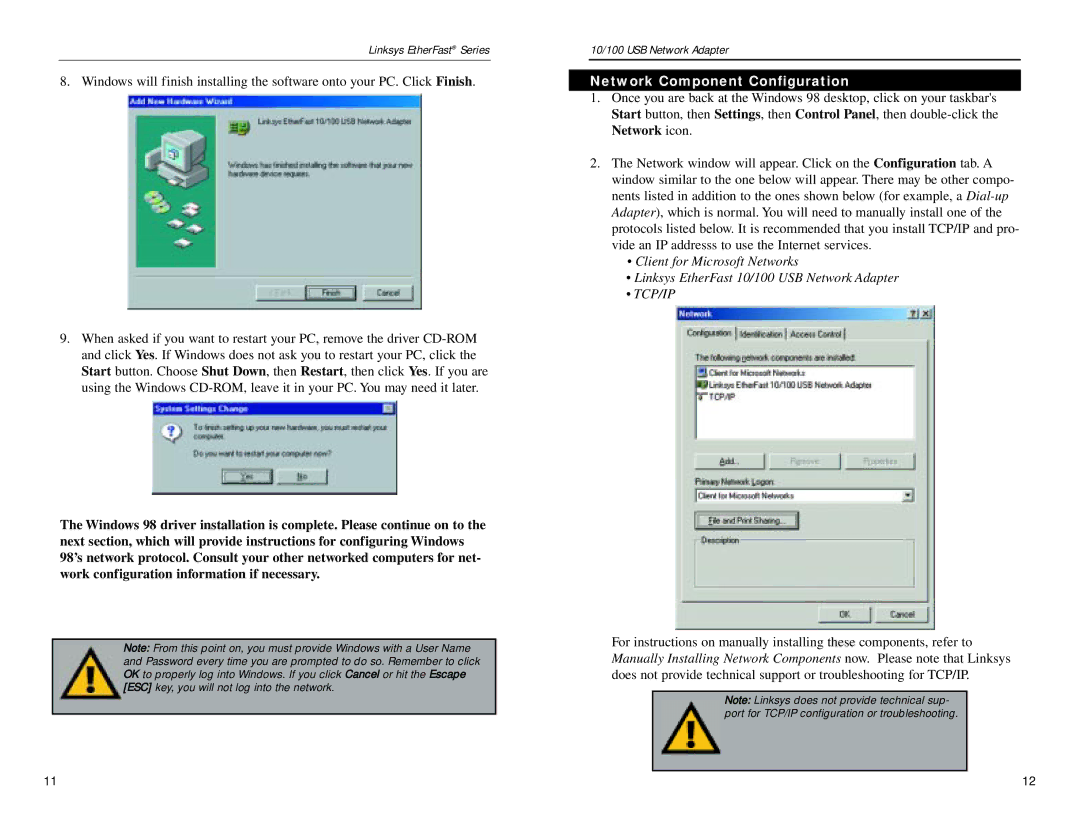 Linksys USB100TX manual Network Component Configuration, Tcp/Ip 