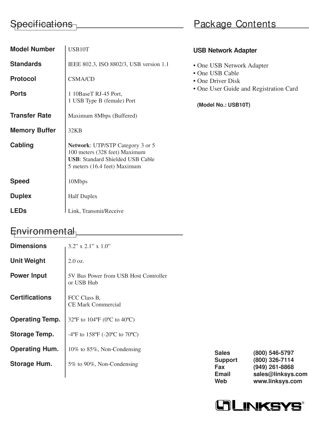 Linksys USB10T warranty Specifications Package Contents, Environmental 