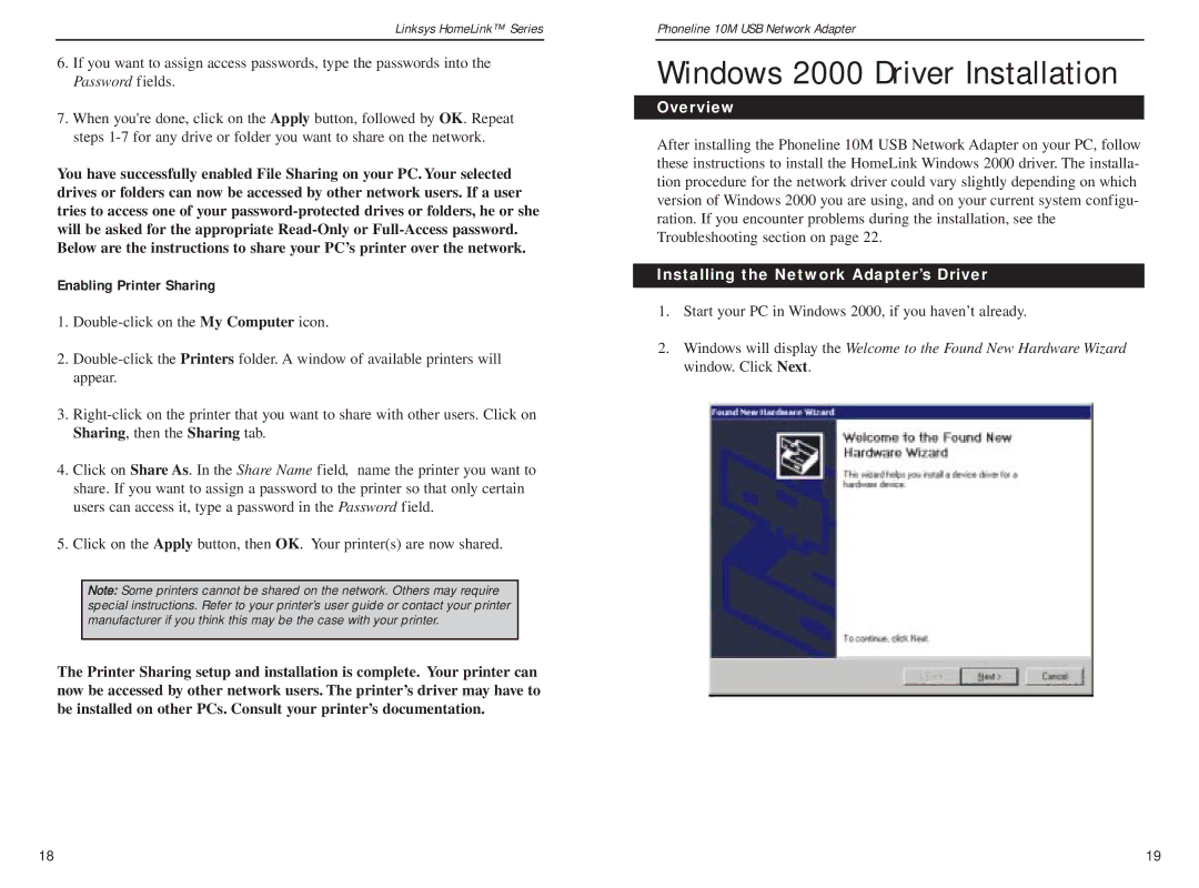 Linksys USB200HA manual Windows 2000 Driver Installation, Enabling Printer Sharing, Installing the Network Adapter’s Driver 