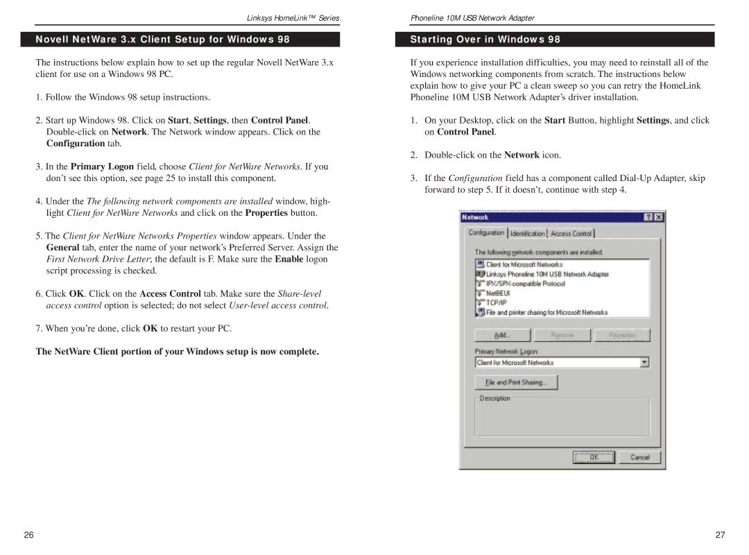 Linksys USB200HA manual Novell NetWare 3.x Client Setup for Windows, Starting Over in Windows 