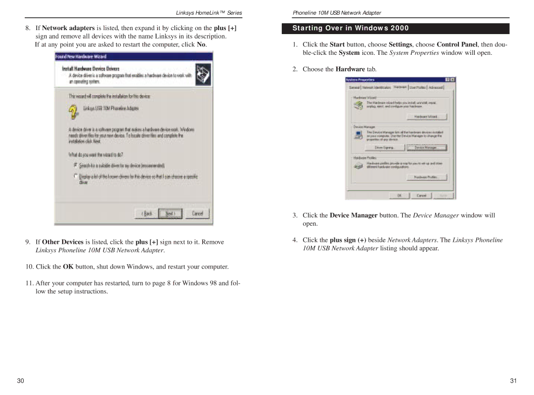 Linksys USB200HA manual Starting Over in Windows 