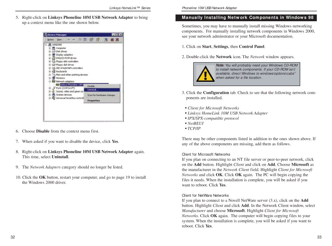 Linksys USB200HA manual Manually Installing Network Components in Windows, Client for Microsoft Networks 