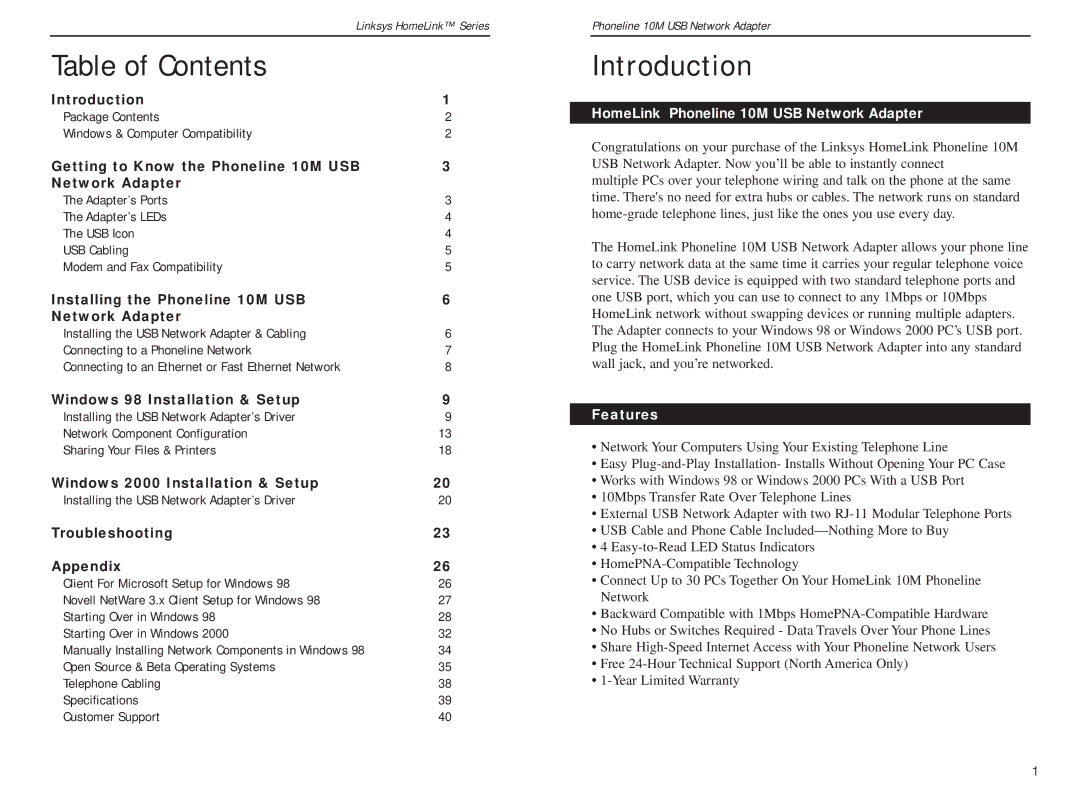 Linksys USB200HA manual Table of Contents, Introduction 