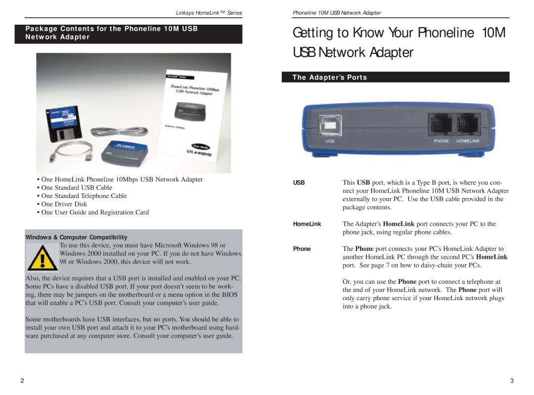 Linksys USB200HA manual Package Contents for the Phoneline 10M USB Network Adapter, Adapter’s Ports 