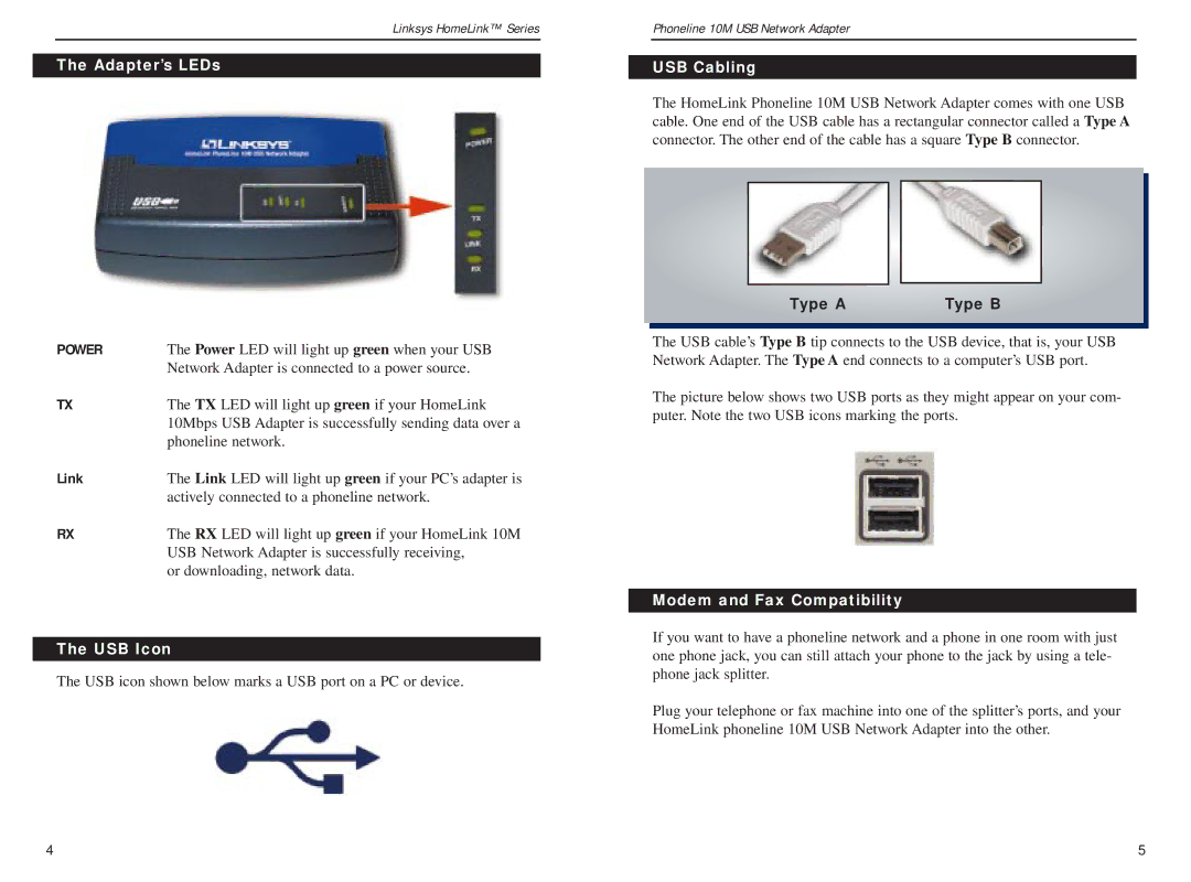 Linksys USB200HA manual Adapter’s LEDs, Link, USB Icon, USB Cabling, Modem and Fax Compatibility 