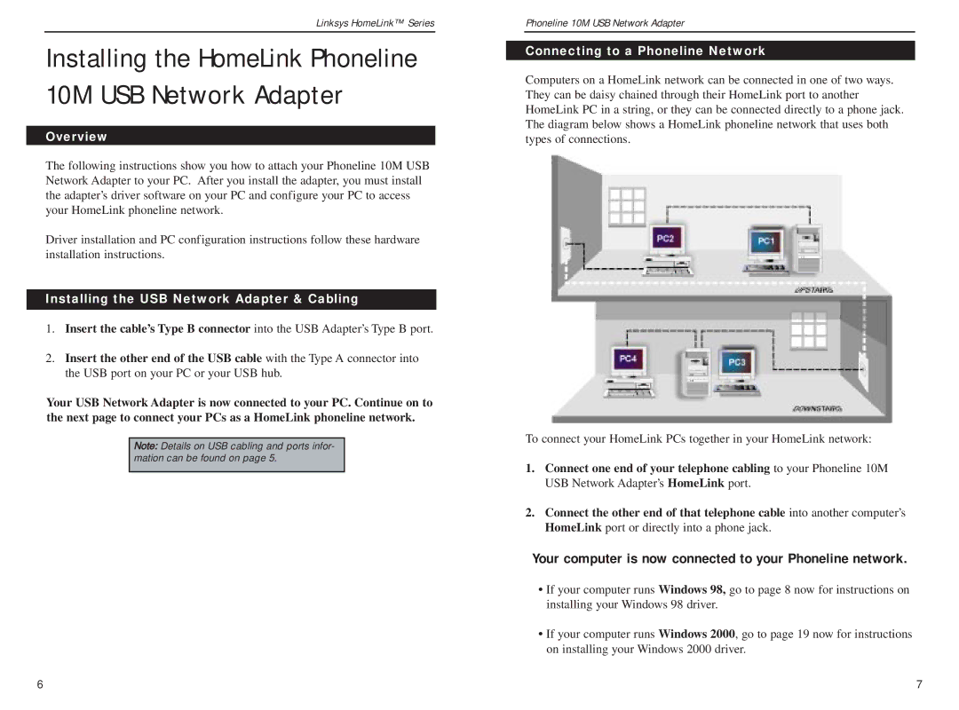 Linksys USB200HA manual Overview, Installing the USB Network Adapter & Cabling, Connecting to a Phoneline Network 