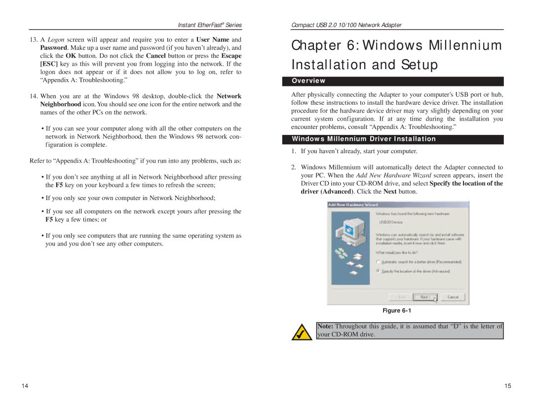 Linksys USB200M manual Windows Millennium Installation and Setup, Windows Millennium Driver Installation 