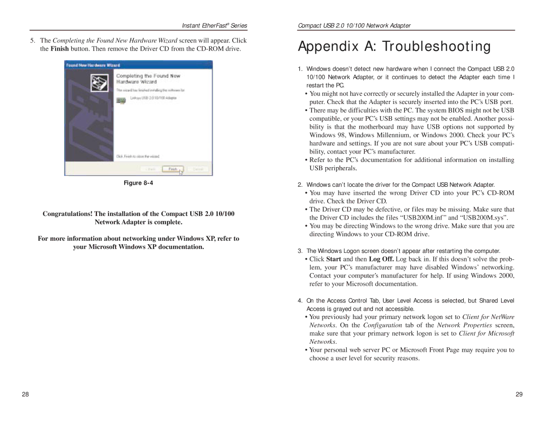 Linksys USB200M manual Appendix a Troubleshooting 