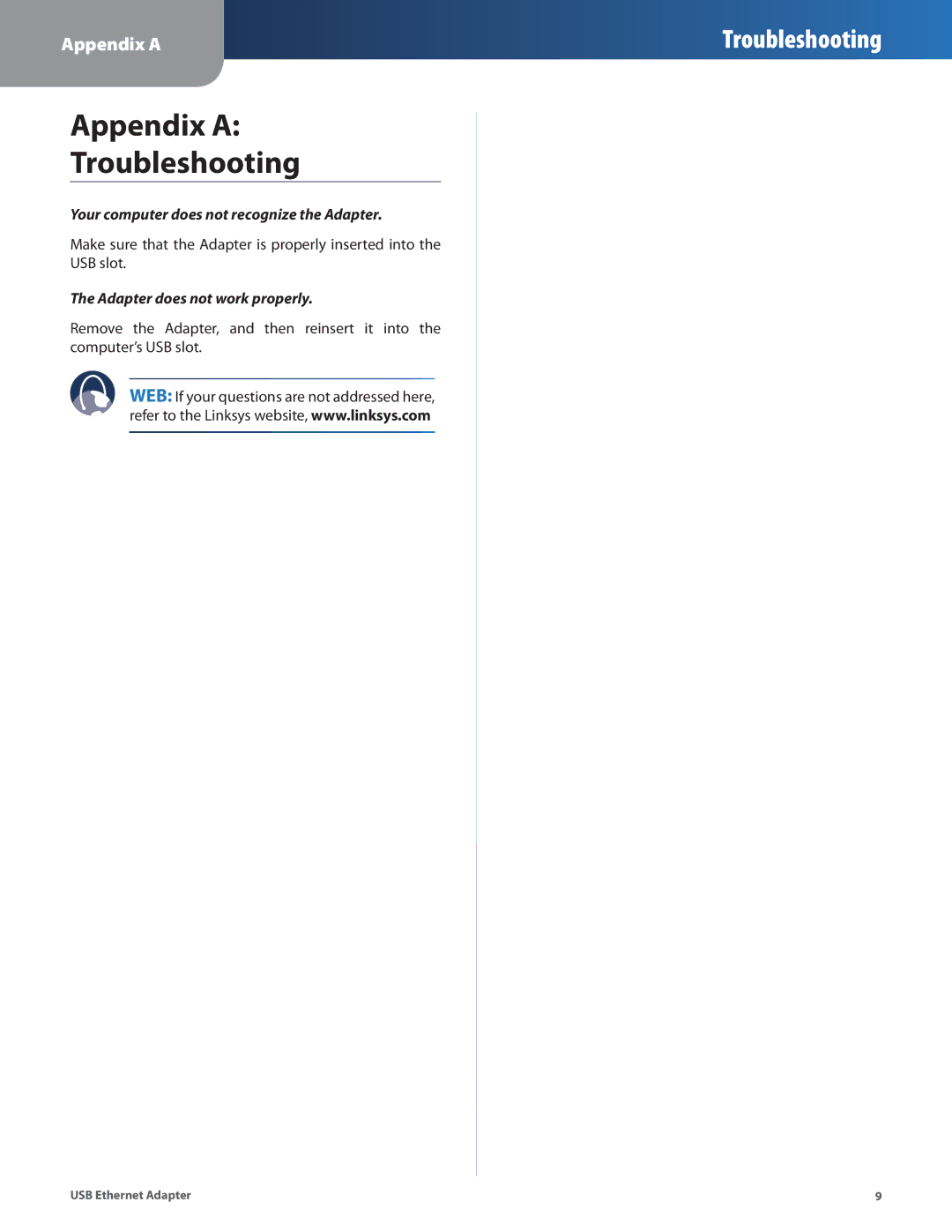 Linksys USB300M manual Appendix a Troubleshooting 