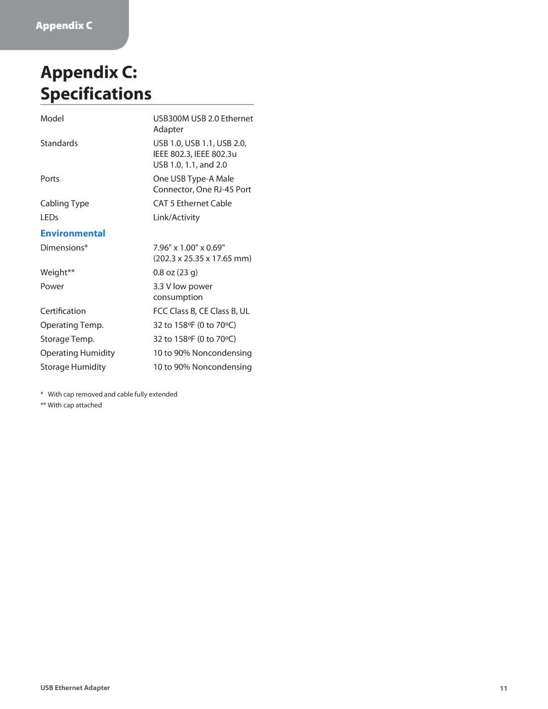 Linksys USB300M manual Appendix C Specifications, Environmental 