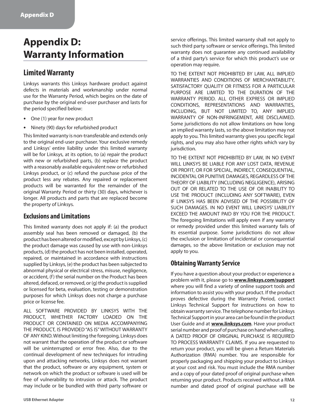 Linksys USB300M manual Limited Warranty, Exclusions and Limitations, Obtaining Warranty Service 