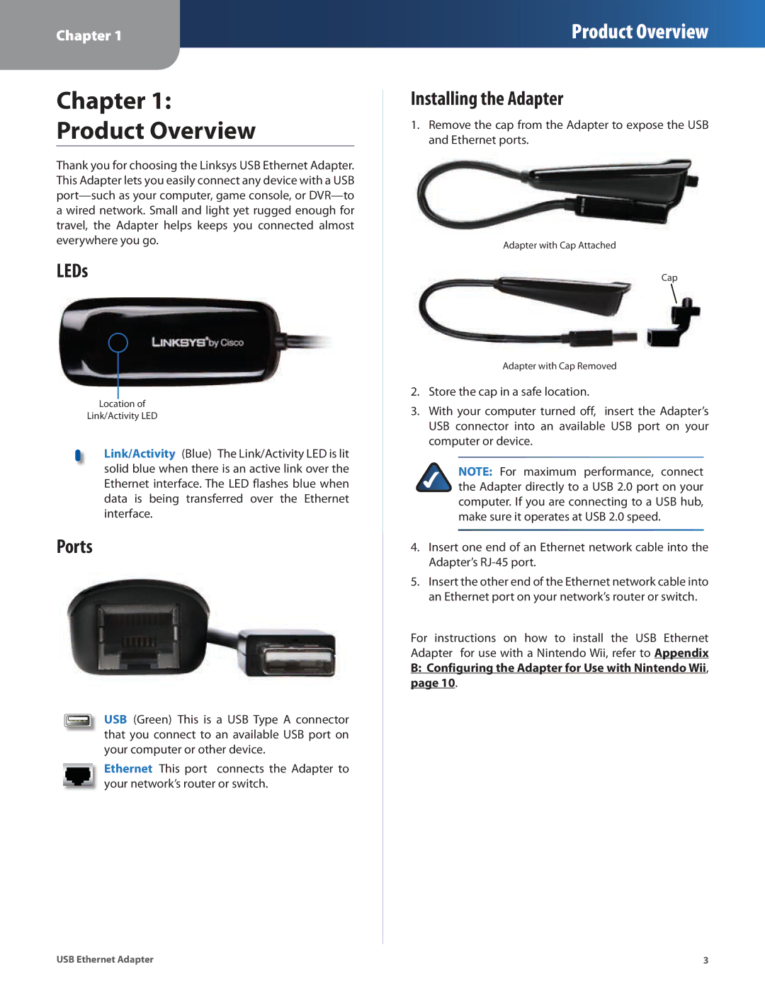 Linksys USB300M manual Chapter Product Overview, LEDs, Ports, Installing the Adapter 