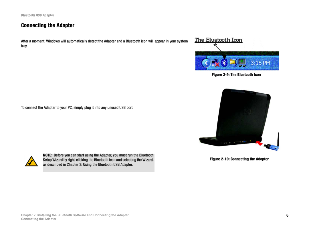 Linksys USBBT100 manual Connecting the Adapter, Bluetooth Icon 