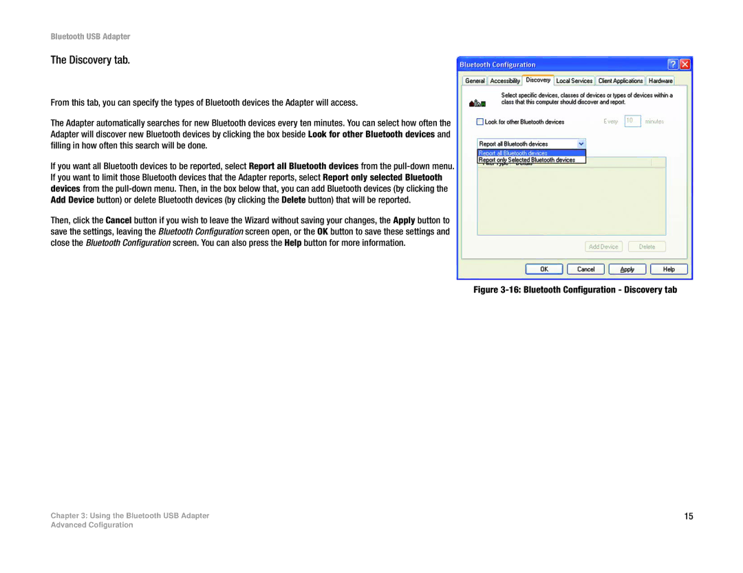 Linksys USBBT100 manual Bluetooth Configuration Discovery tab 