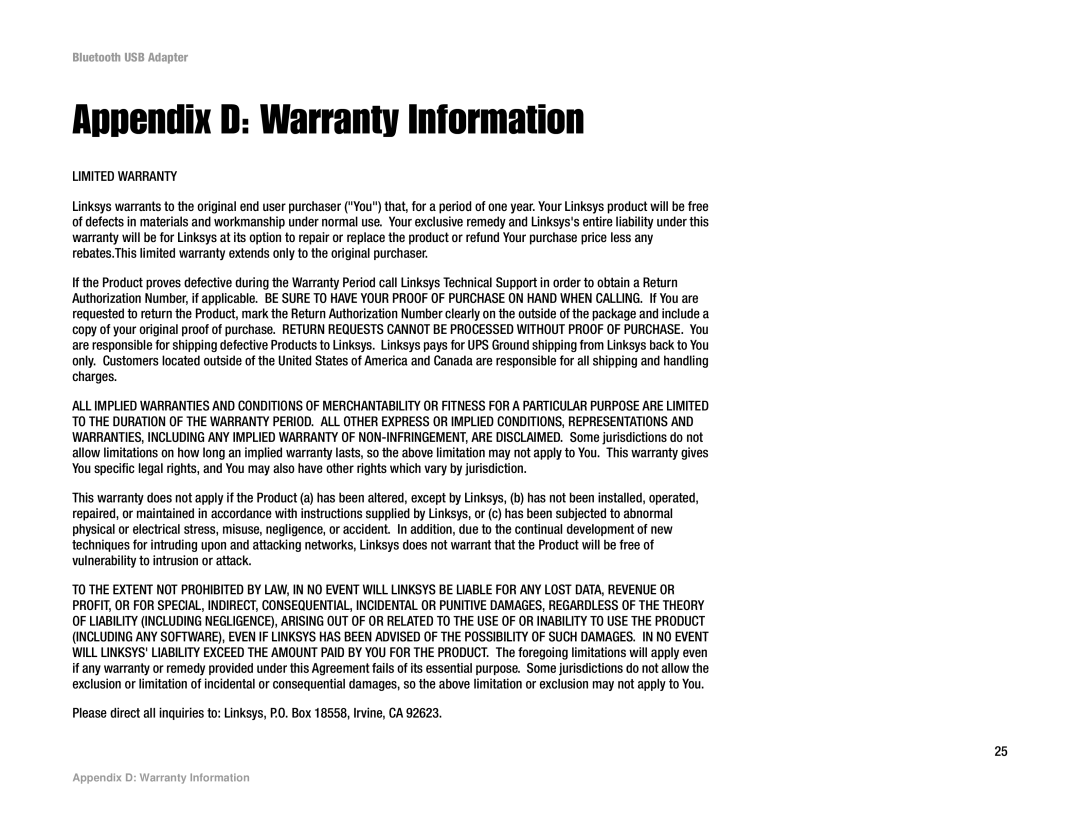 Linksys USBBT100 manual Appendix D Warranty Information, Limited Warranty 