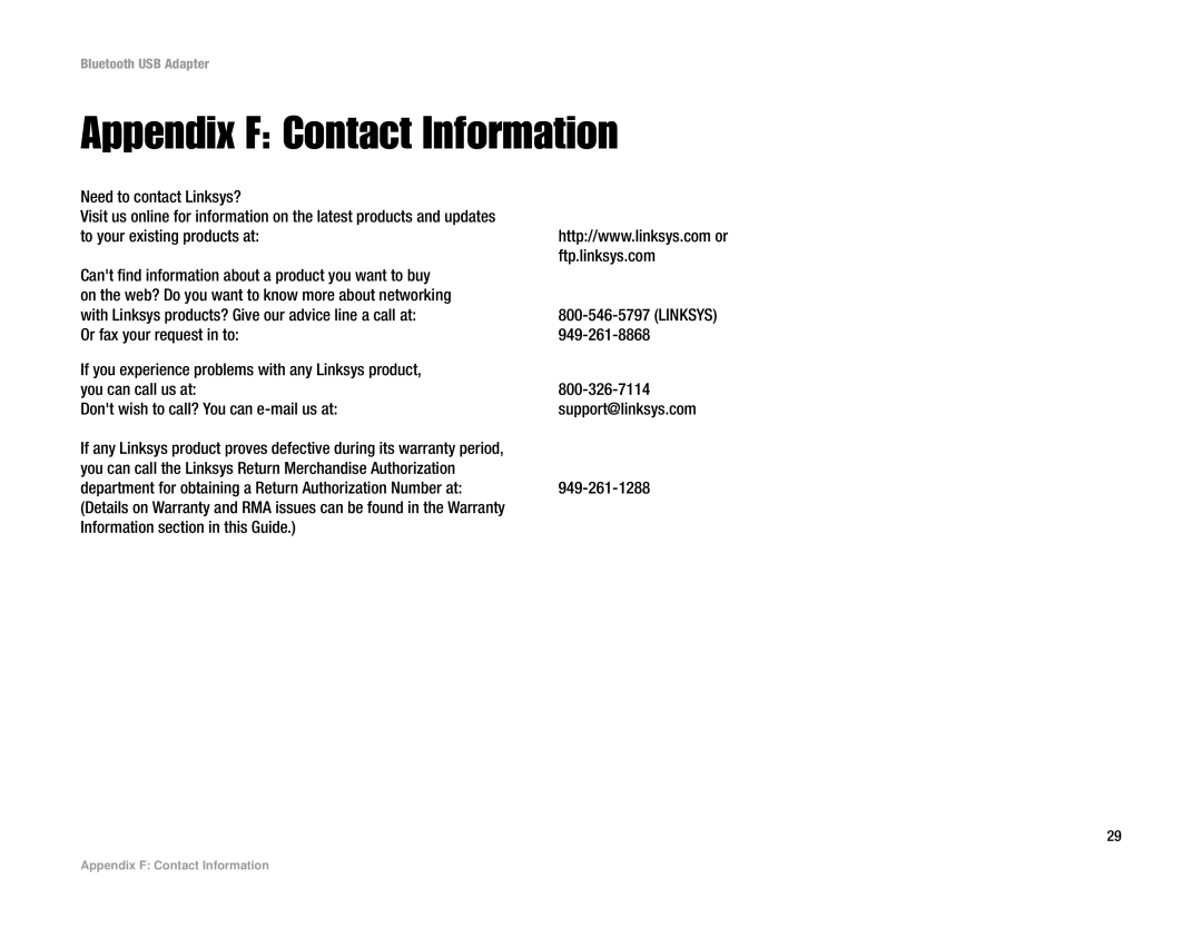 Linksys USBBT100 manual Appendix F Contact Information 