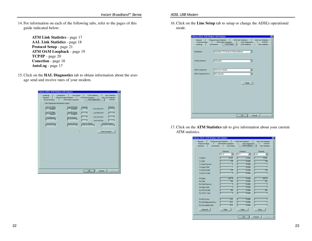 Linksys USBDSL1 manual ATM Link Statistics - page AAL Link Statistics - page, Protocol Setup - page ATM OAM Loopback - page 