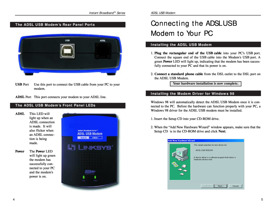 Linksys USBDSL1 Connecting the ADSL U S B Modem to Your PC, The ADSL USB Modem’s Rear Panel Ports, USB Port, ADSL Port 