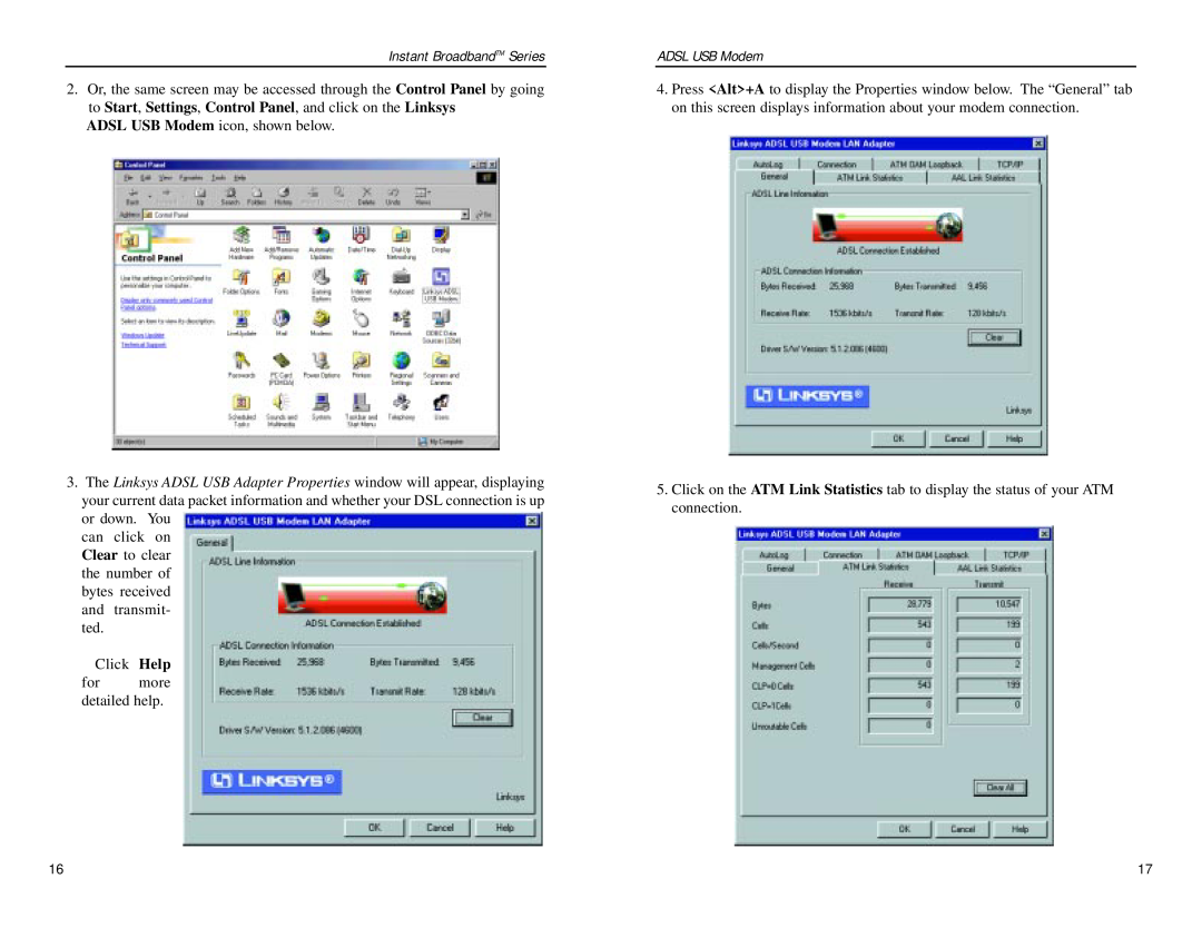Linksys USBDSL1 manual Instant BroadbandTM Series, ADSL USB Modem icon, shown below 