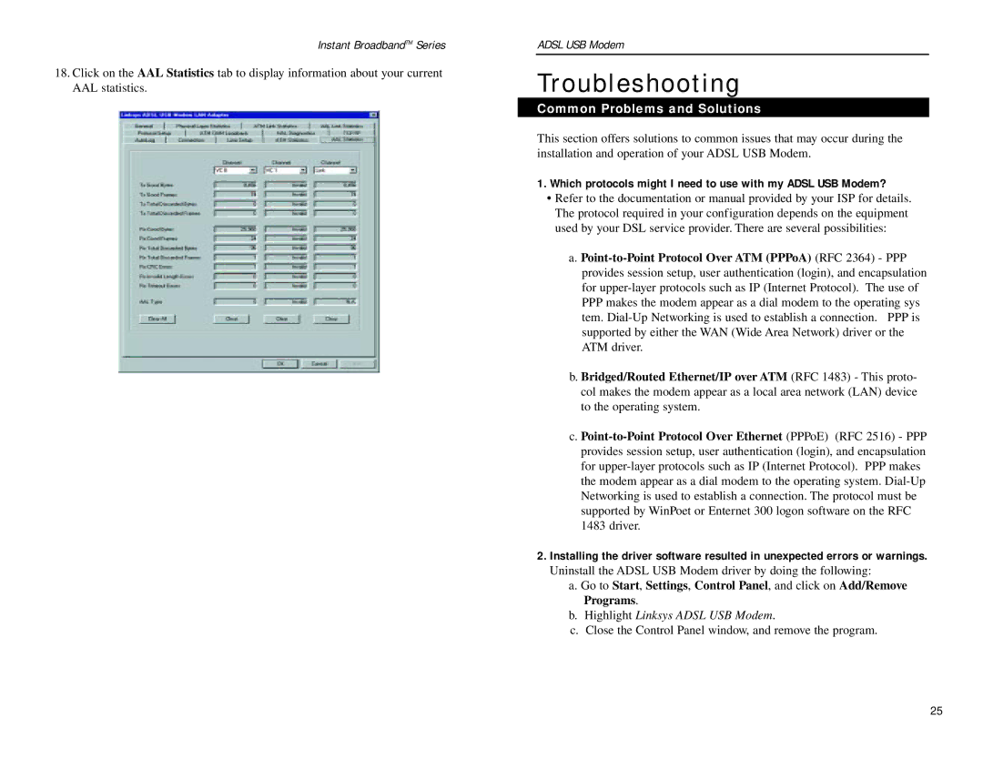 Linksys USBDSL1 manual Troubleshooting, Common Problems and Solutions 