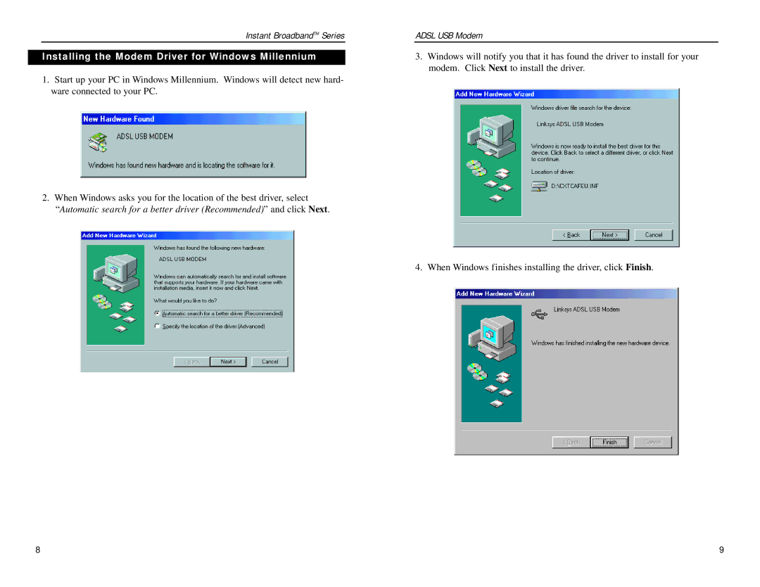 Linksys USBDSL1 manual Installing the Modem Driver for Windows Millennium 