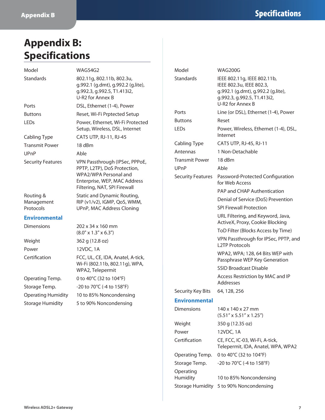 Linksys WAG110, WAG160N manual Appendix B Specifications, WAG54G2 