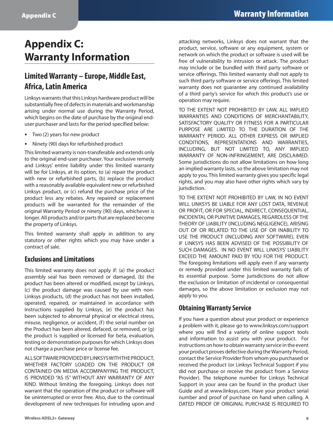 Linksys WAG160N, WAG110, WAG54G2 manual Exclusions and Limitations, Obtaining Warranty Service 