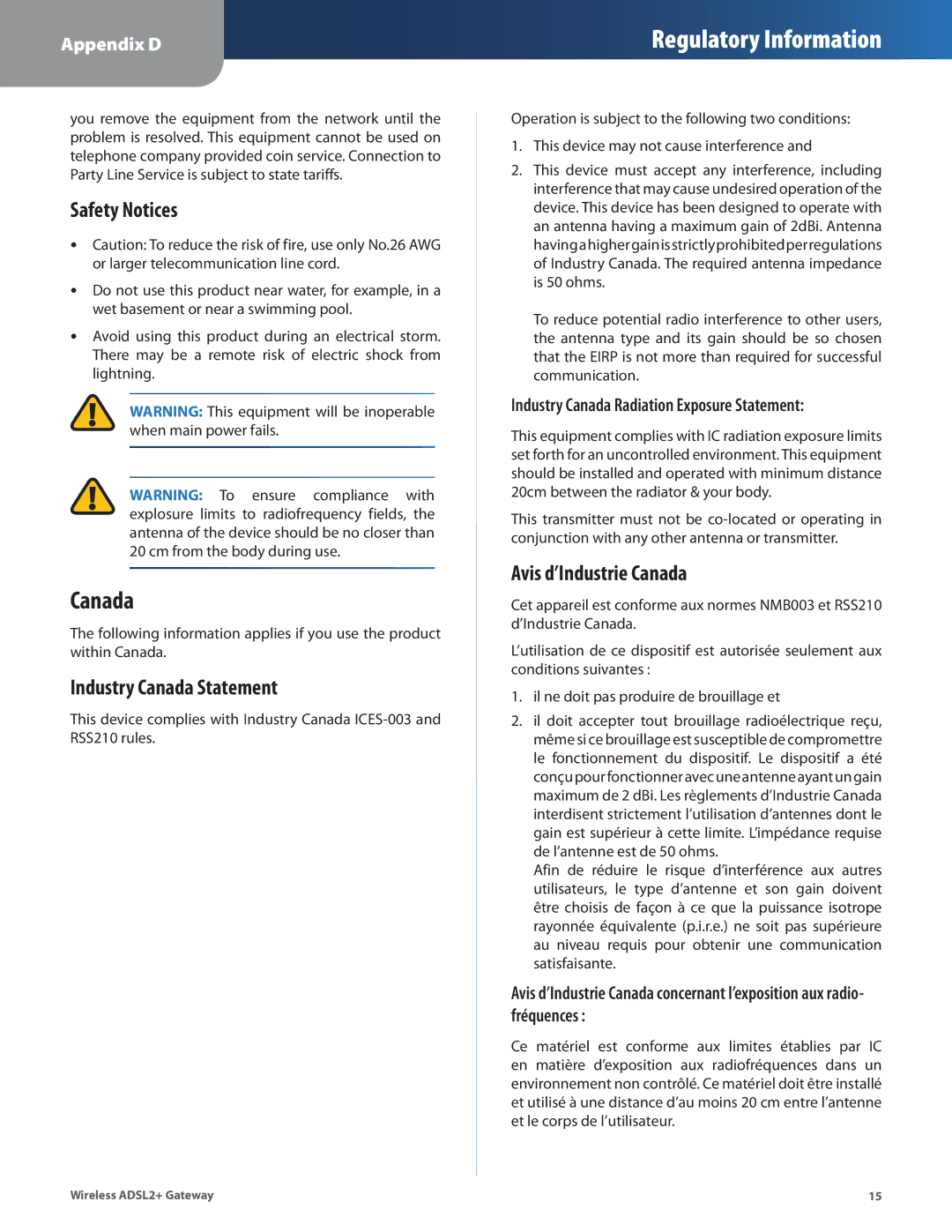 Linksys WAG160N, WAG110, WAG54G2 manual Safety Notices, Industry Canada Statement, Avis d’Industrie Canada 