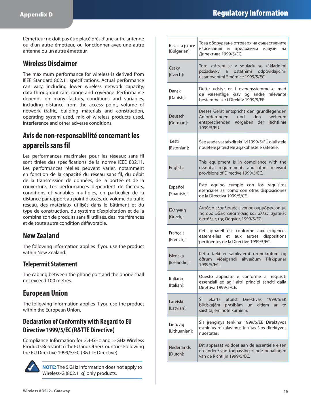 Linksys WAG110, WAG160N, WAG54G2 manual Wireless Disclaimer, New Zealand, European Union, Telepermit Statement 