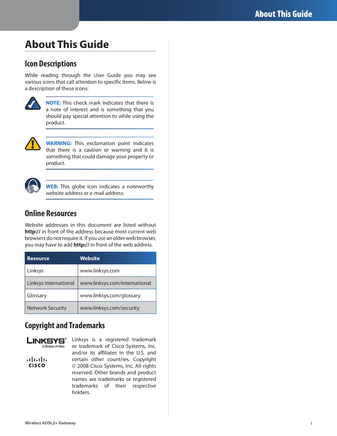 Linksys WAG54G2, WAG160N, WAG110 manual About This Guide, Icon Descriptions, Online Resources, Copyright and Trademarks 