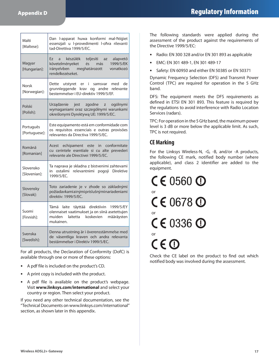 Linksys WAG54G2, WAG160N, WAG110 manual CE Marking 