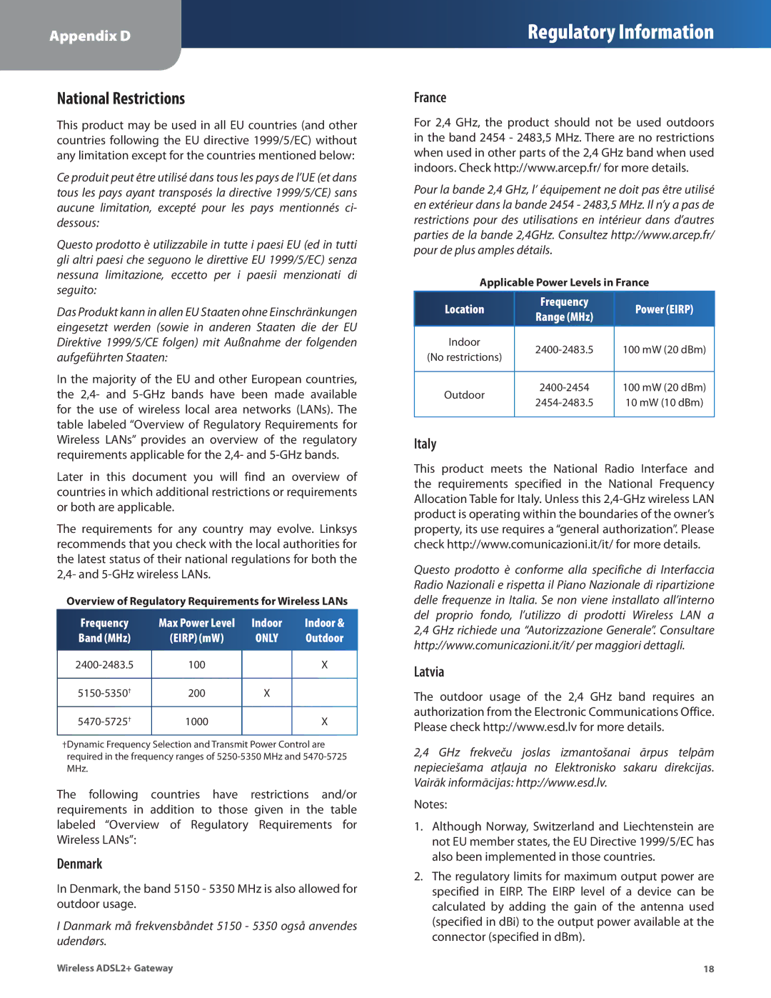 Linksys WAG160N, WAG110, WAG54G2 manual National Restrictions, Denmark, France, Italy Latvia 