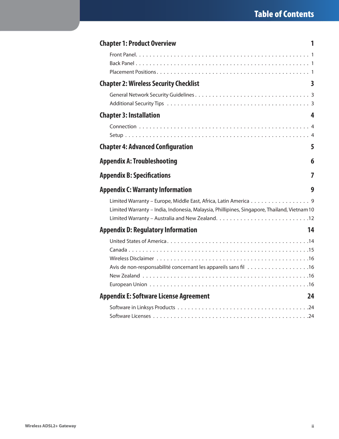 Linksys WAG160N, WAG110, WAG54G2 manual Table of Contents 